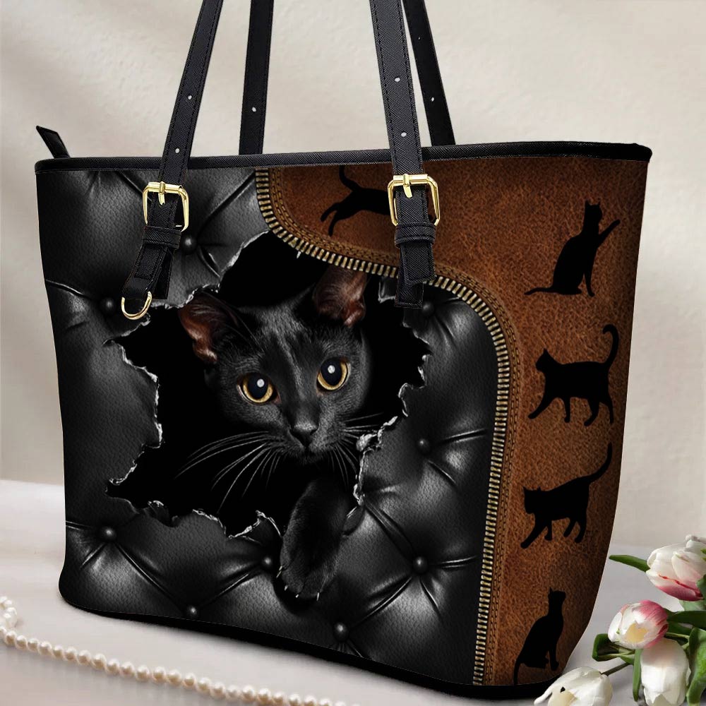Lorva Leather Tote Bag Gorgeous Black Cat