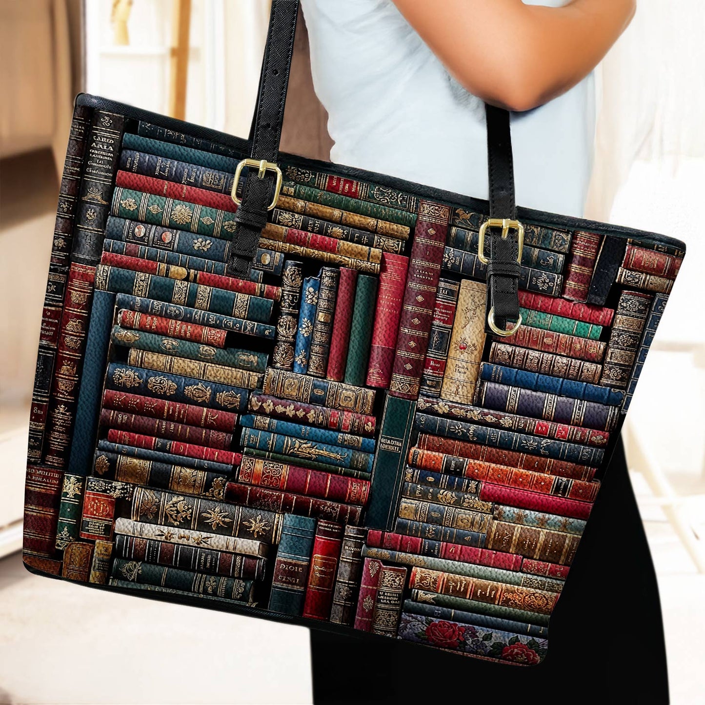 Lorva Leather Tote Bag Vintage Books
