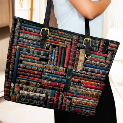 Lorva Leather Tote Bag Vintage Books