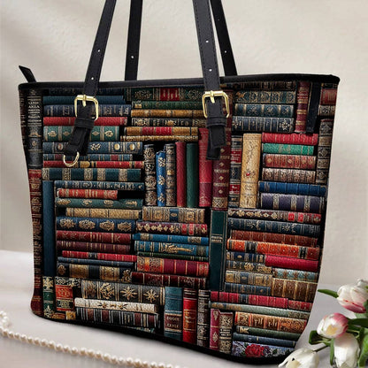 Lorva Leather Tote Bag Vintage Books