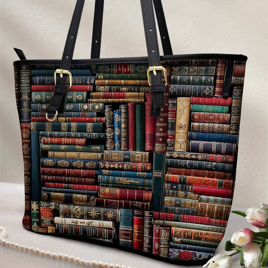 Lorva Leather Tote Bag Vintage Books