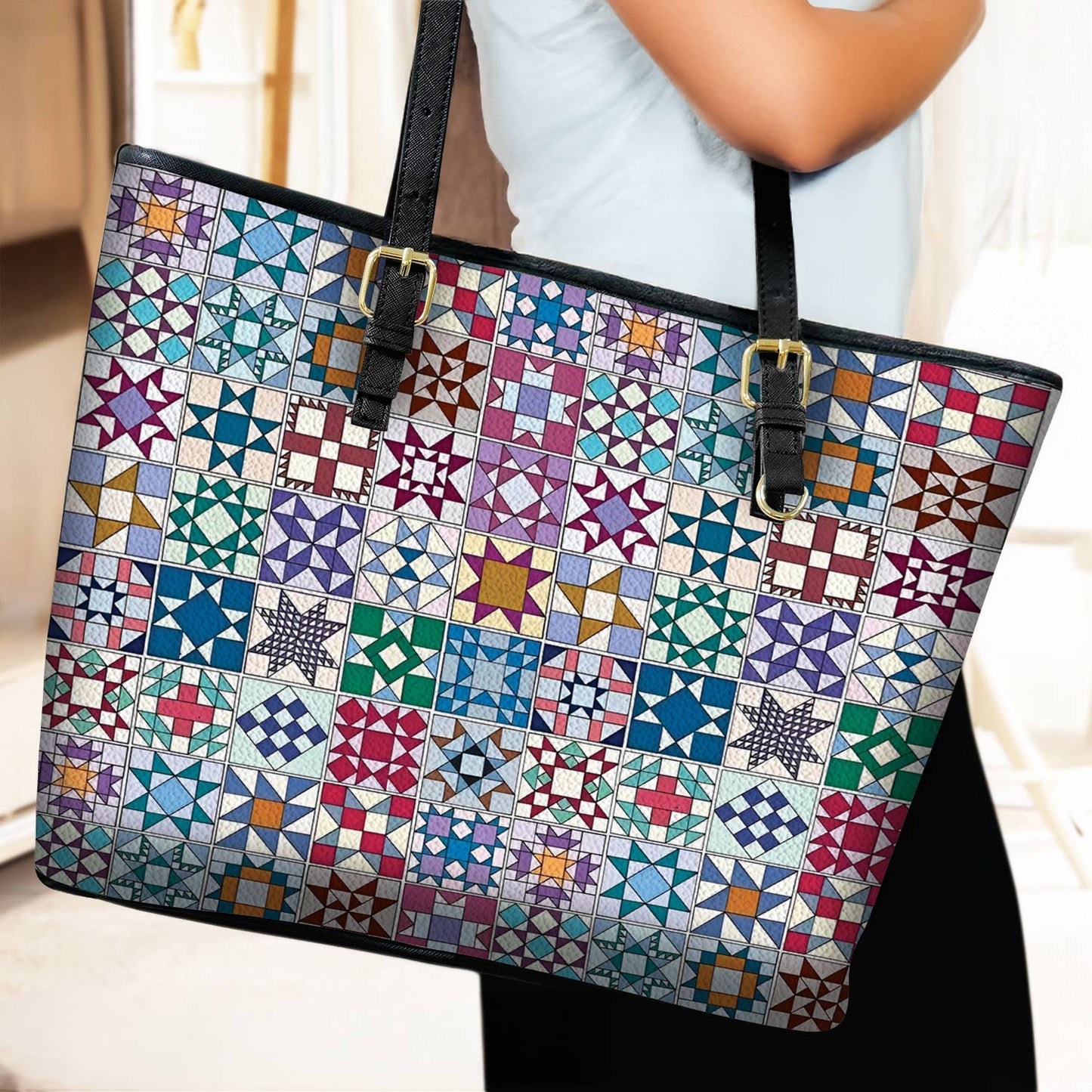 Lorva Leather Tote Bag Traditional Quilting Blocks