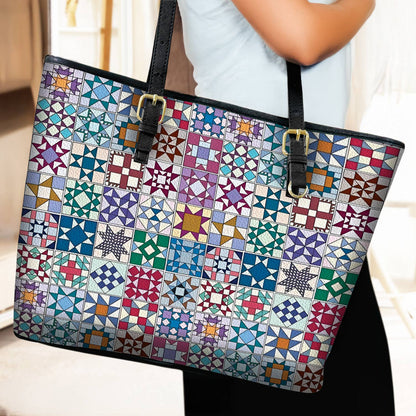 Lorva Leather Tote Bag Traditional Quilting Blocks