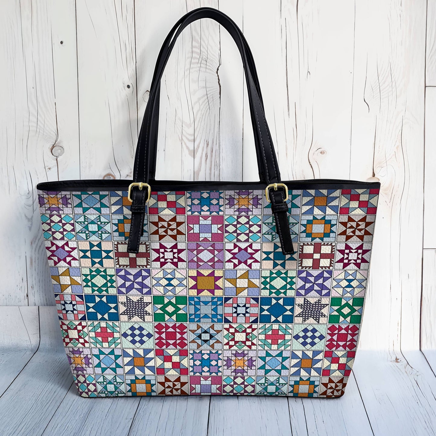 Lorva Leather Tote Bag Traditional Quilting Blocks