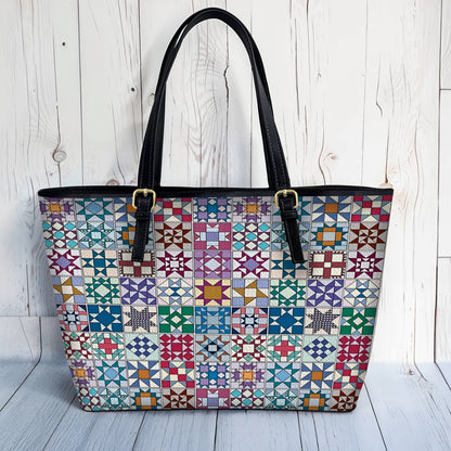 Lorva Leather Tote Bag Traditional Quilting Blocks