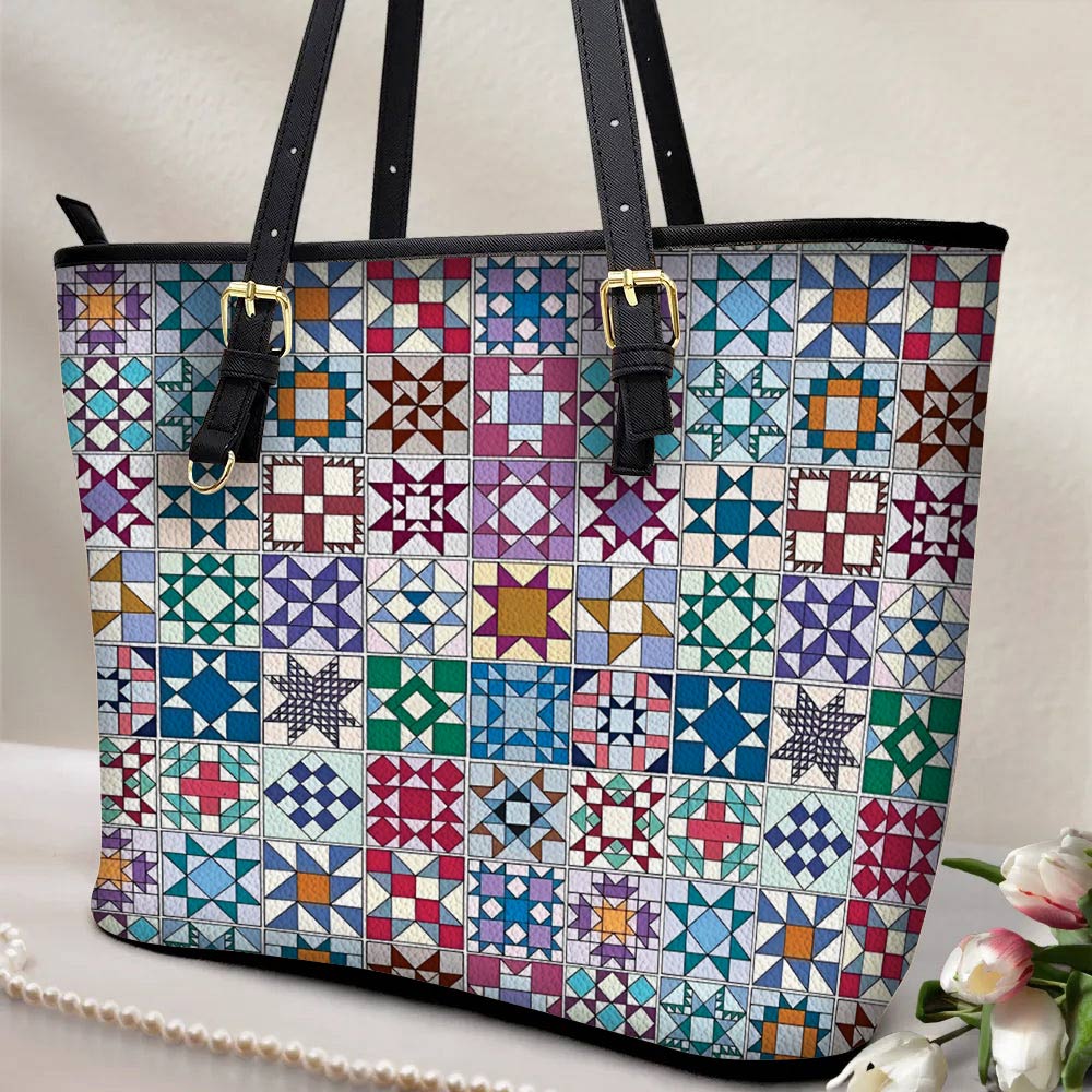 Lorva Leather Tote Bag Traditional Quilting Blocks