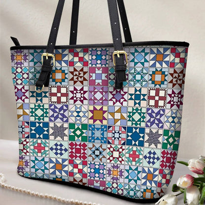 Lorva Leather Tote Bag Traditional Quilting Blocks