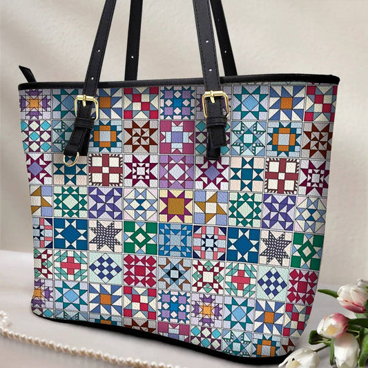 Lorva Leather Tote Bag Traditional Quilting Blocks