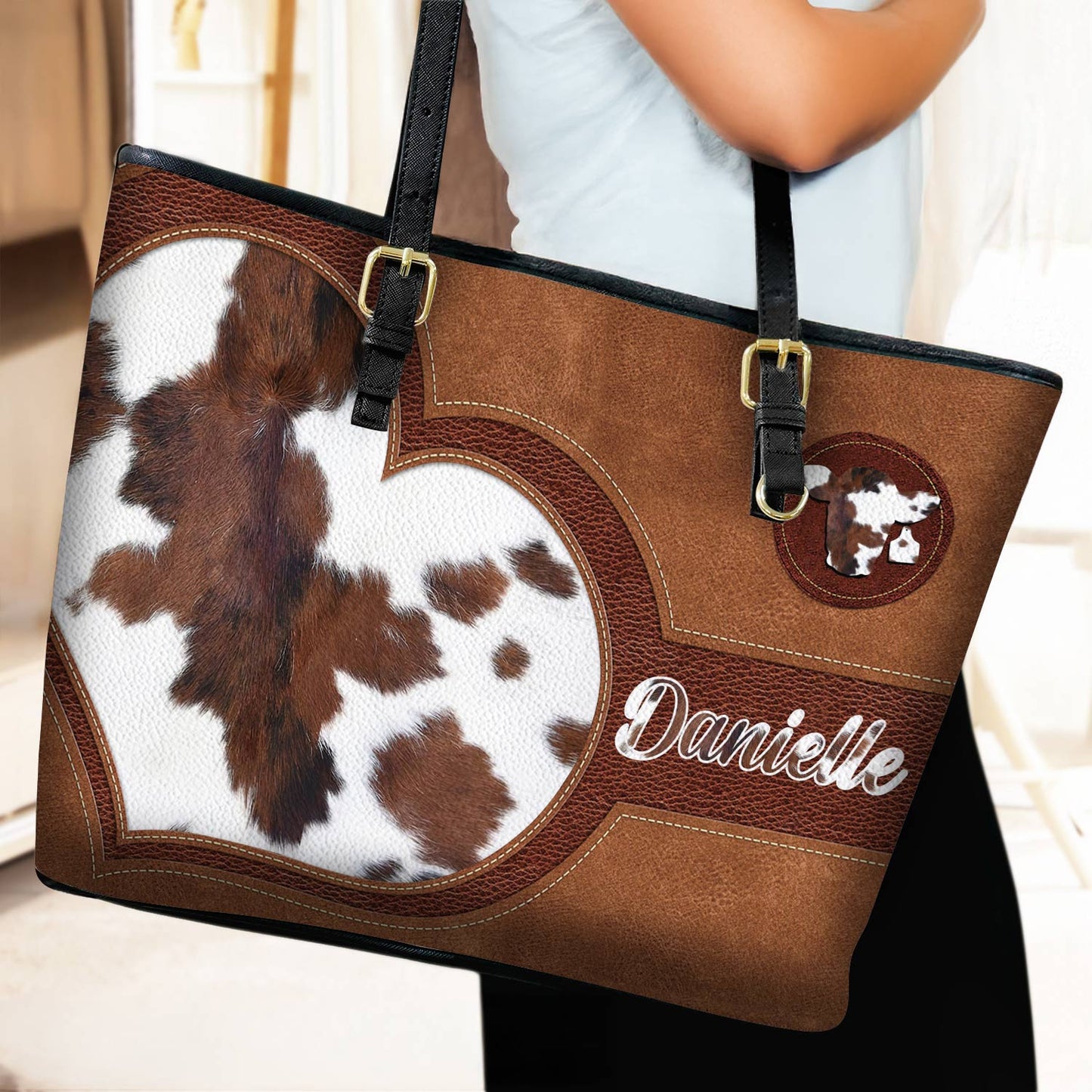 Lorva Personalized Leather Tote Bag Happy Cow