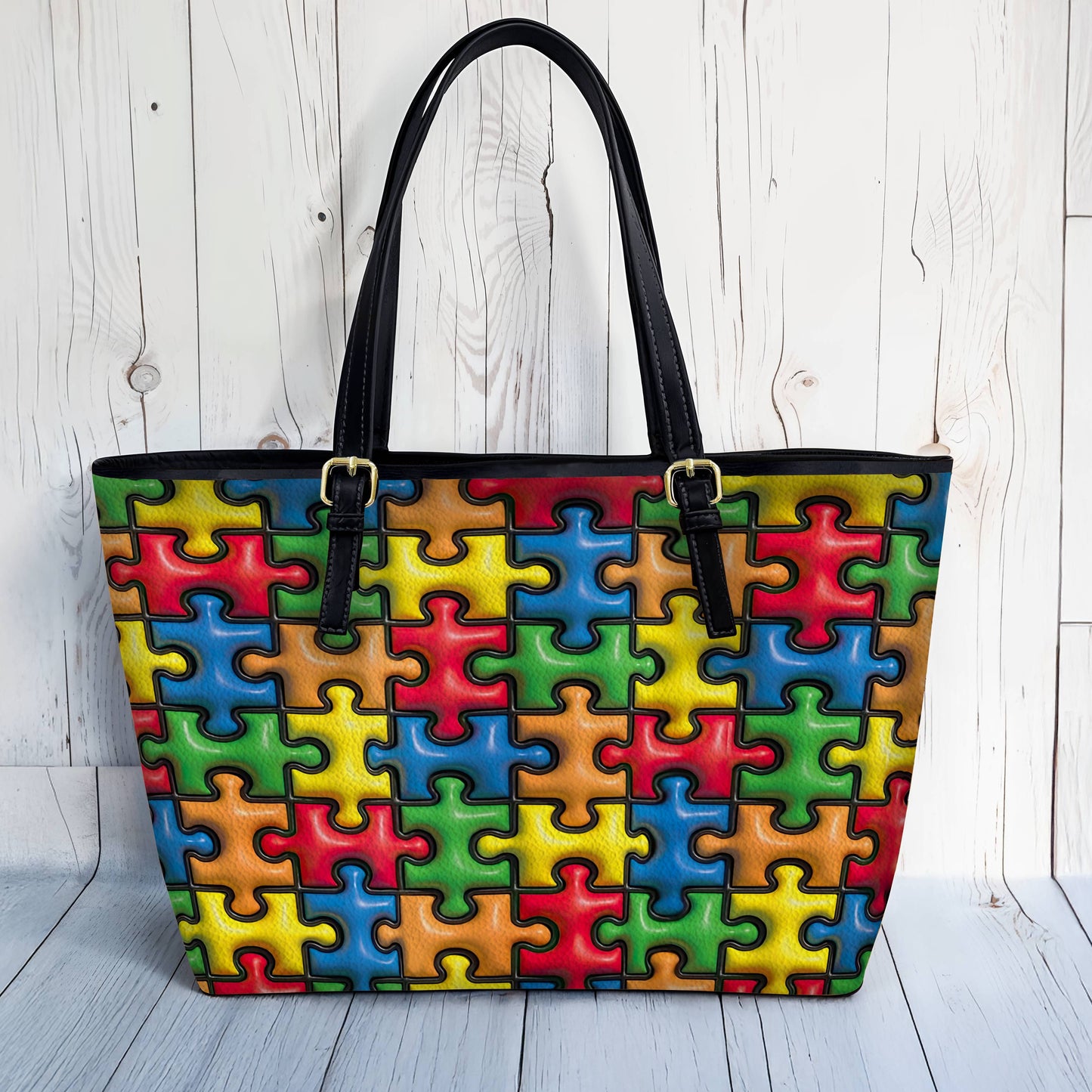 Lorva Leather Tote Bag Puff Puzzle Piece