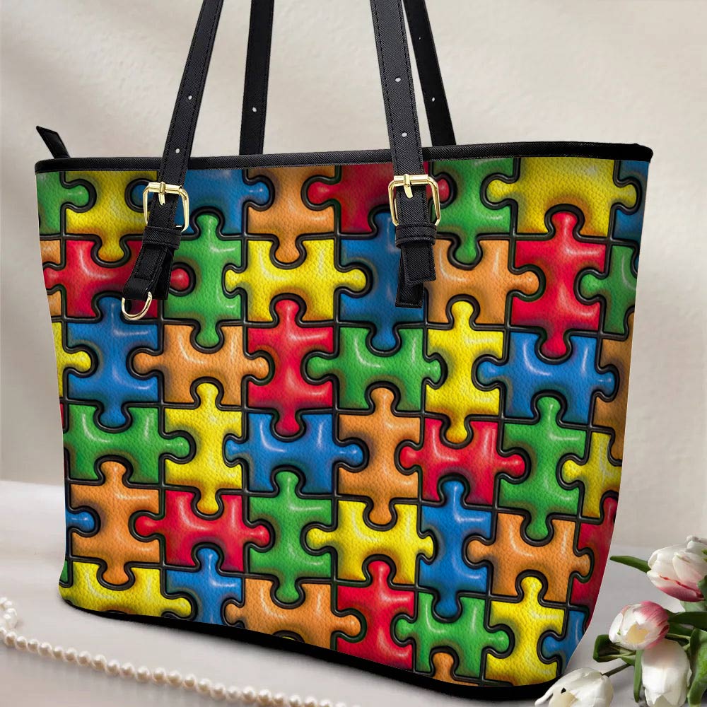 Lorva Leather Tote Bag Puff Puzzle Piece