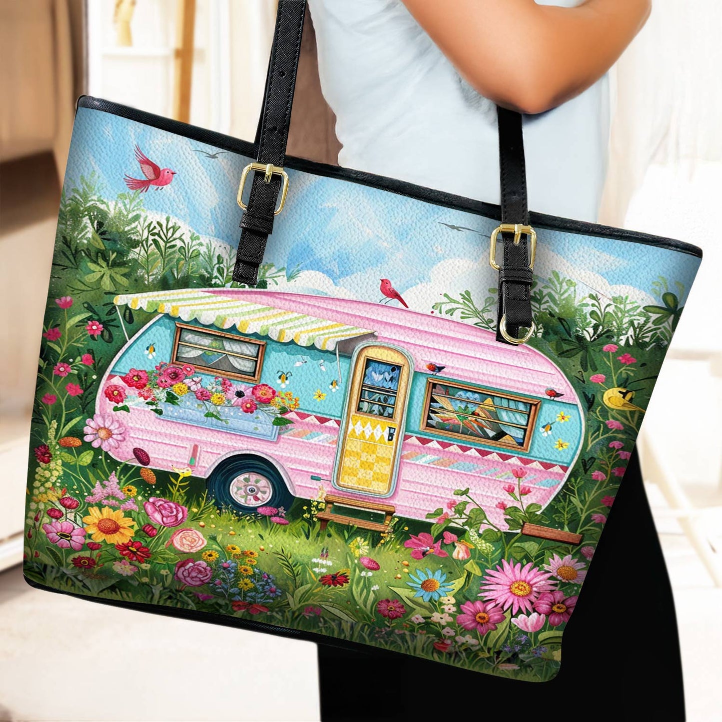 Lorva Leather Tote Bag Happy Camper
