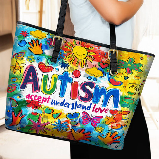 Lorva Leather Tote Bag Autism Accept Understand Love
