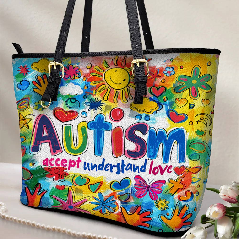 Lorva Leather Tote Bag Autism Accept Understand Love