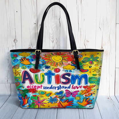 Lorva Leather Tote Bag Autism Accept Understand Love
