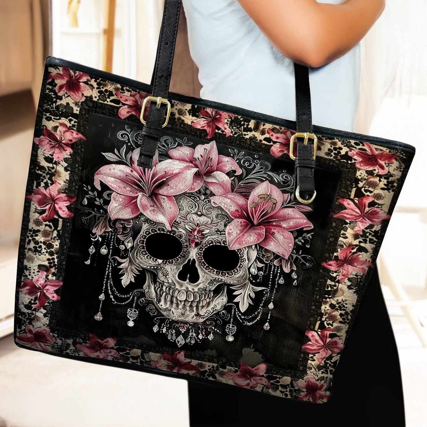 Lorva Skull Leather Tote Bag Lily's Enchanted Bloom