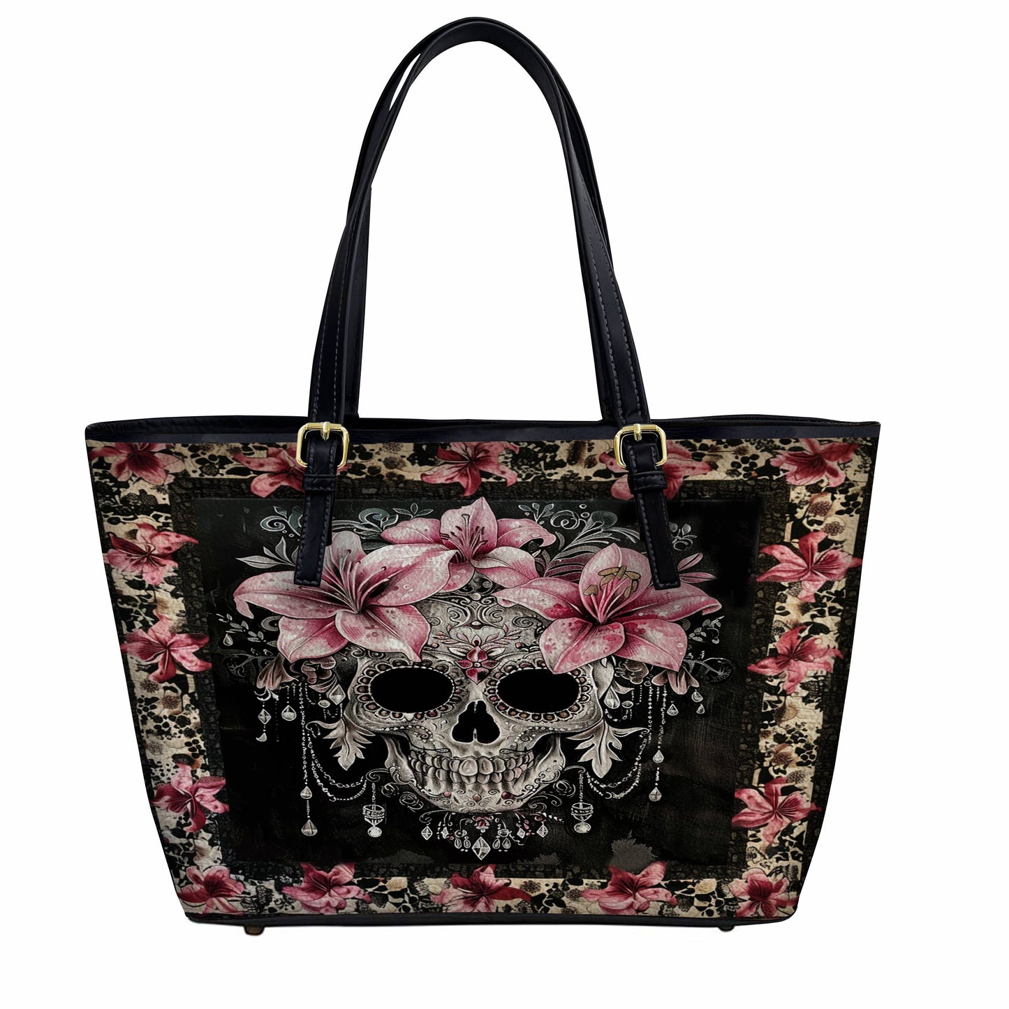 Lorva Skull Leather Tote Bag Lily's Enchanted Bloom