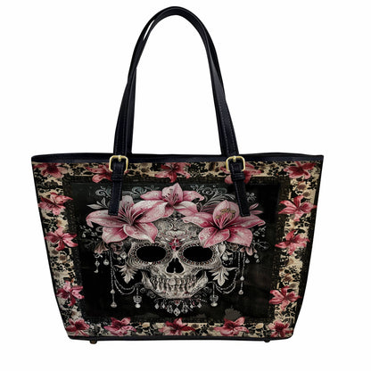 Lorva Skull Leather Tote Bag Lily's Enchanted Bloom