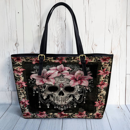 Lorva Skull Leather Tote Bag Lily's Enchanted Bloom