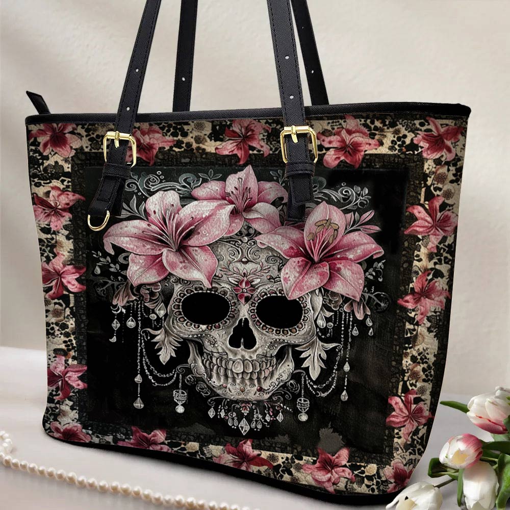 Lorva Skull Leather Tote Bag Lily's Enchanted Bloom