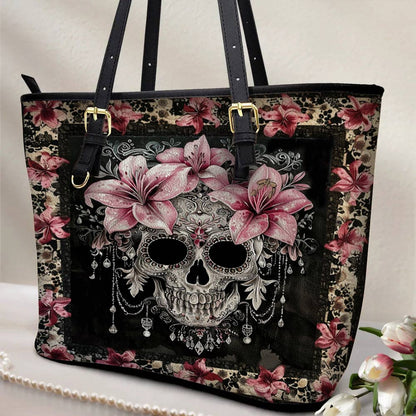 Lorva Skull Leather Tote Bag Lily's Enchanted Bloom