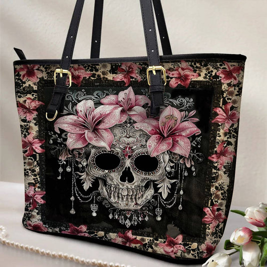 Lorva Skull Leather Tote Bag Lily's Enchanted Bloom