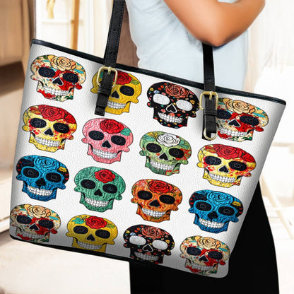 Lorva Leather Tote Bag Colorful Roses Sugar Skulls