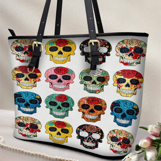 Lorva Leather Tote Bag Colorful Roses Sugar Skulls