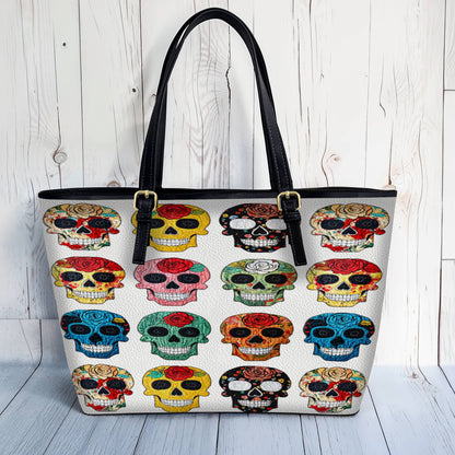 Lorva Leather Tote Bag Colorful Roses Sugar Skulls