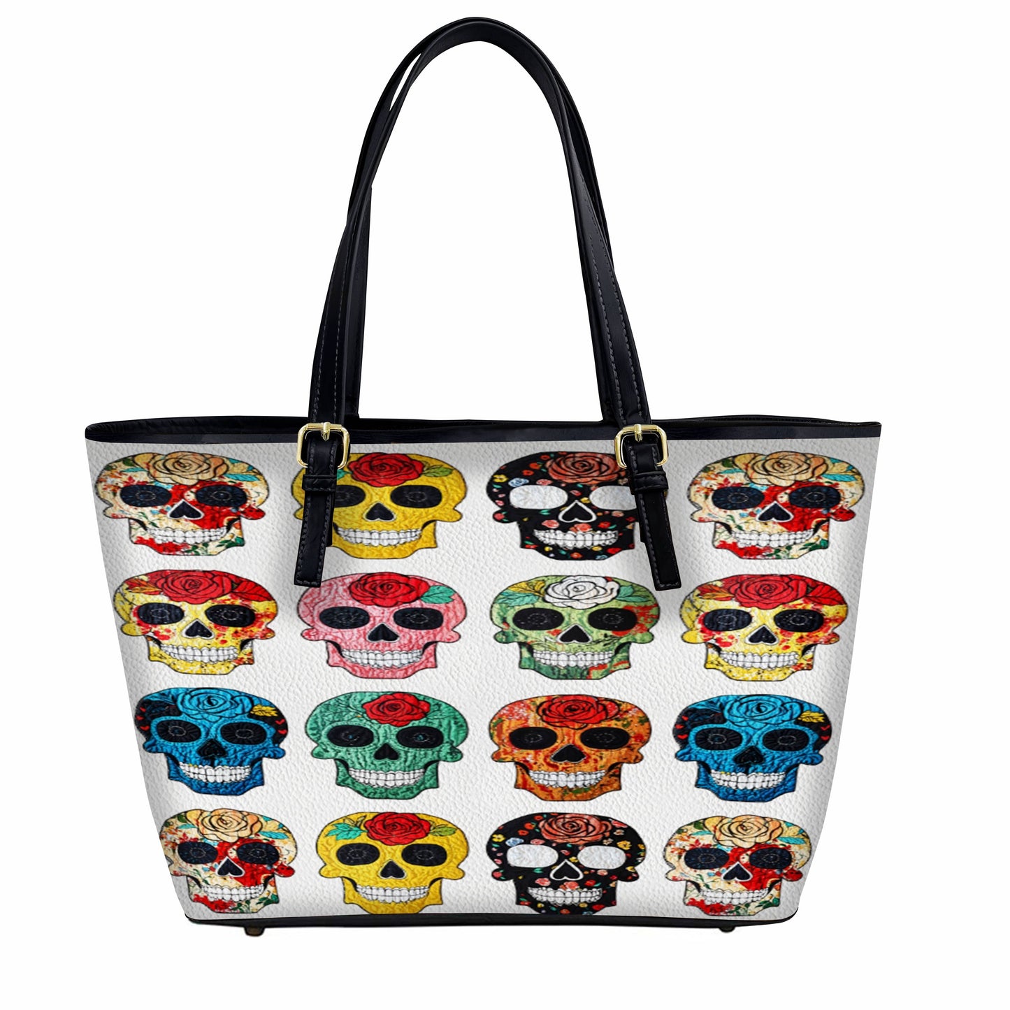 Lorva Leather Tote Bag Colorful Roses Sugar Skulls