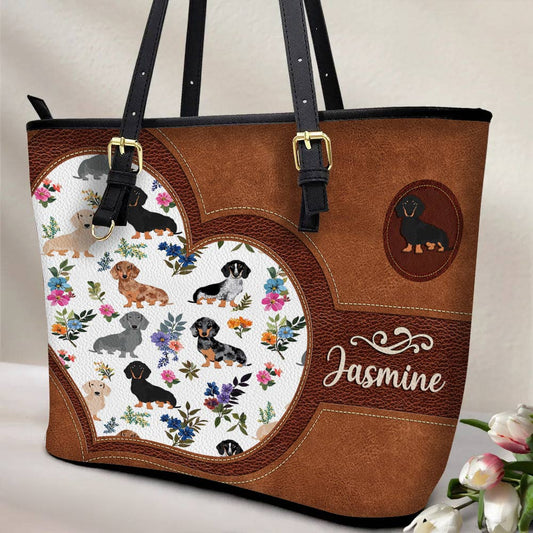Lorva Personalized Leather Tote Bag Heart Floral Dachshund