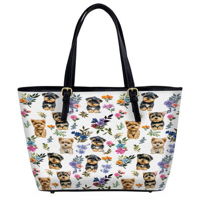 Lorva Leather Tote Bag Cute Floral Yorkie