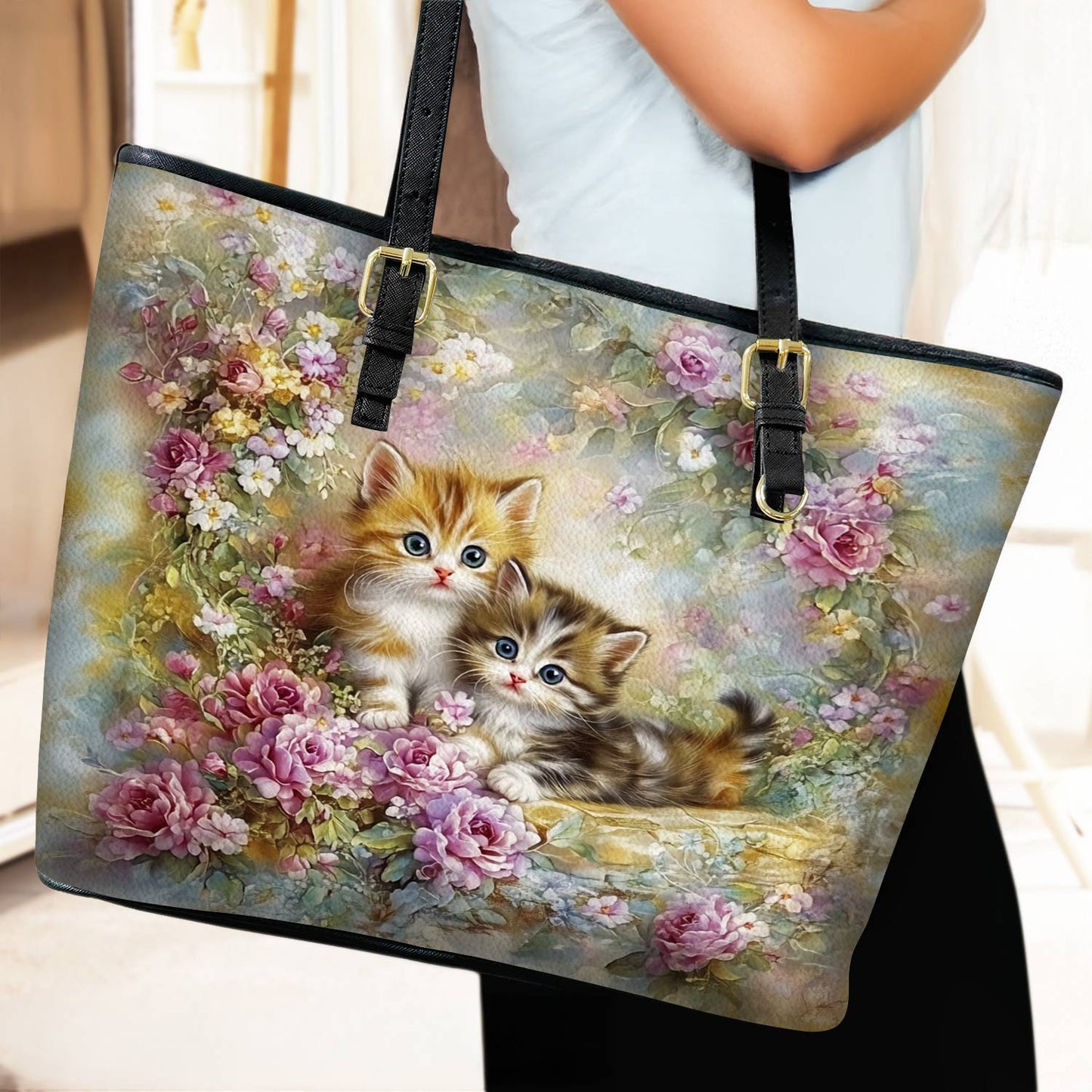 Lorva Leather Tote Bag Cute Kitten Love