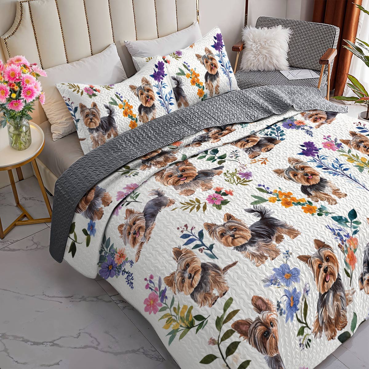 Lorva All Season Quilt 3-Piece Set Charming Floral Yorkie