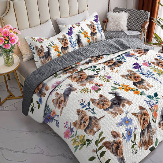 Lorva All Season Quilt 3-Piece Set Charming Floral Yorkie