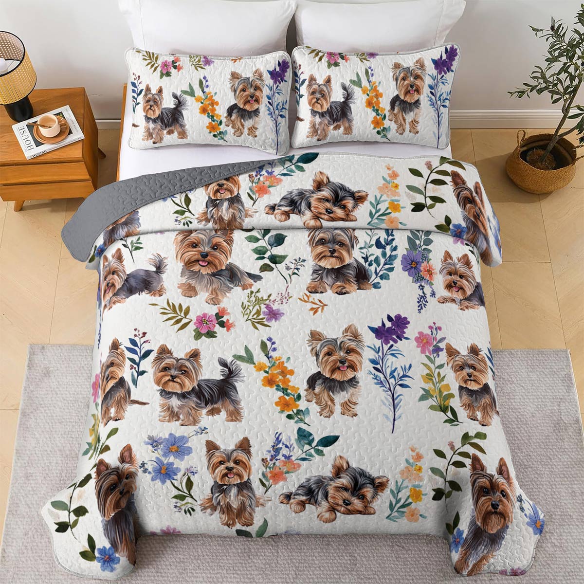 Lorva All Season Quilt 3-Piece Set Charming Floral Yorkie