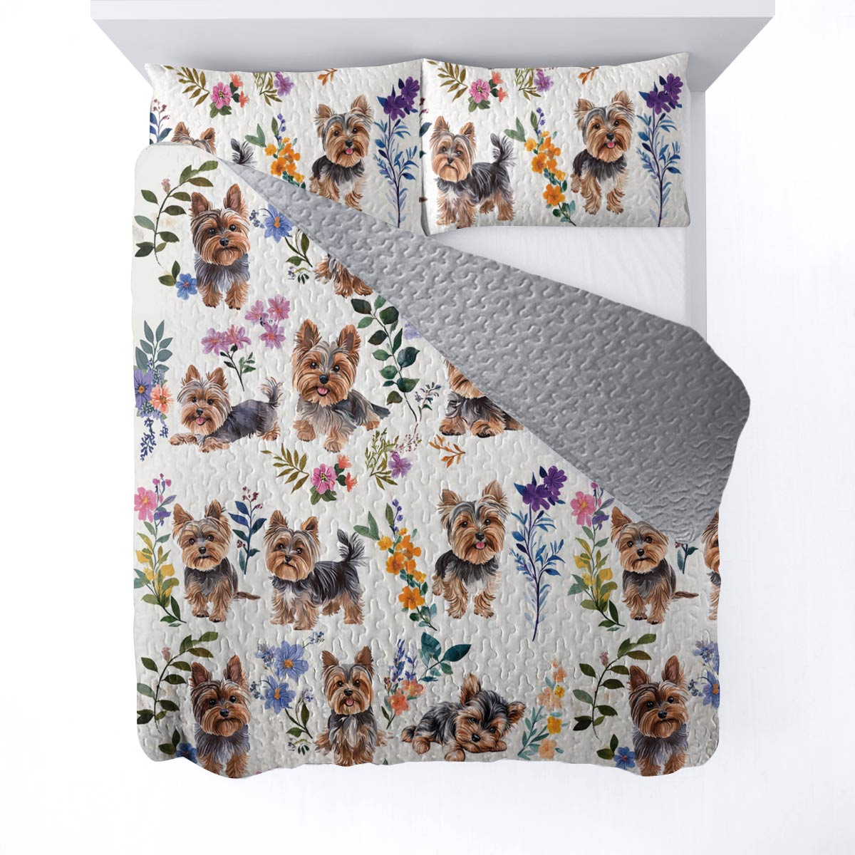 Lorva All Season Quilt 3-Piece Set Charming Floral Yorkie
