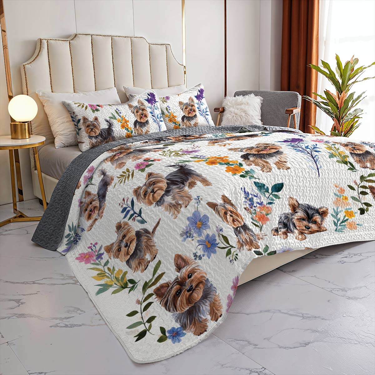 Lorva All Season Quilt 3-Piece Set Charming Floral Yorkie