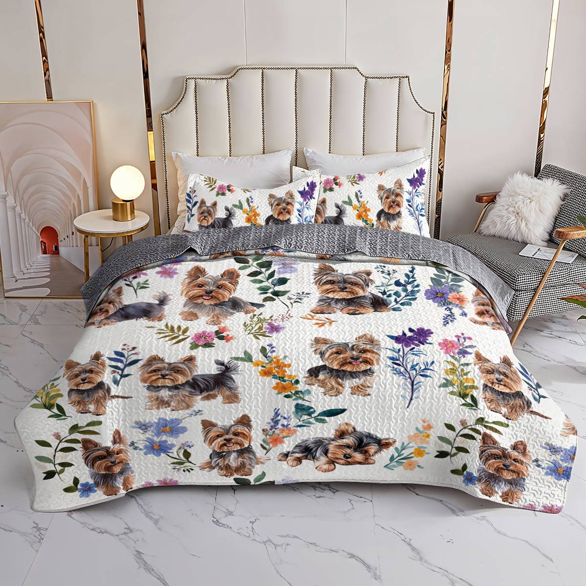 Lorva All Season Quilt 3-Piece Set Charming Floral Yorkie
