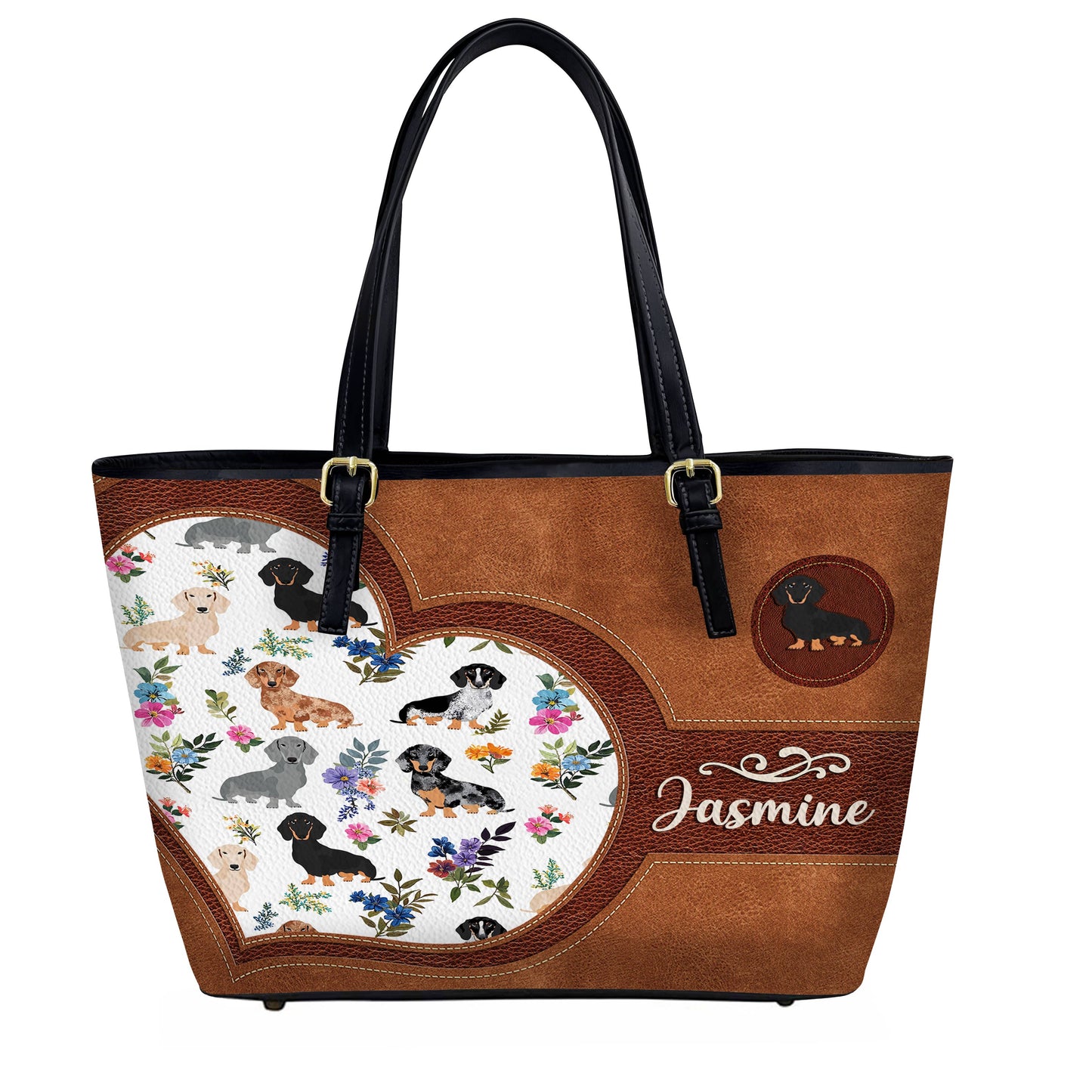 Lorva Personalized Leather Tote Bag Heart Floral Dachshund