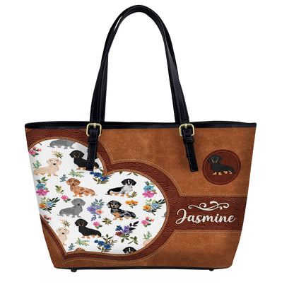 Lorva Personalized Leather Tote Bag Heart Floral Dachshund