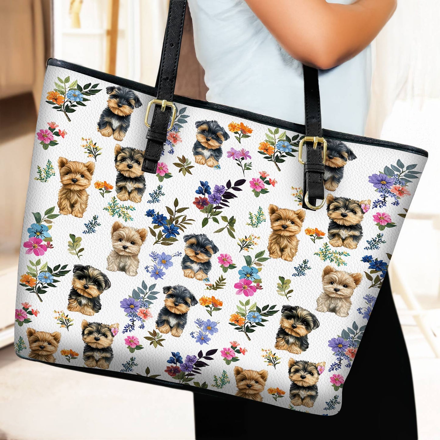 Lorva Leather Tote Bag Cute Floral Yorkie