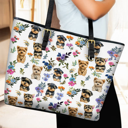 Lorva Leather Tote Bag Cute Floral Yorkie