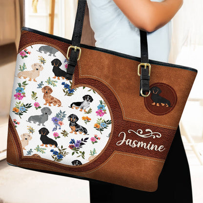 Lorva Personalized Leather Tote Bag Heart Floral Dachshund