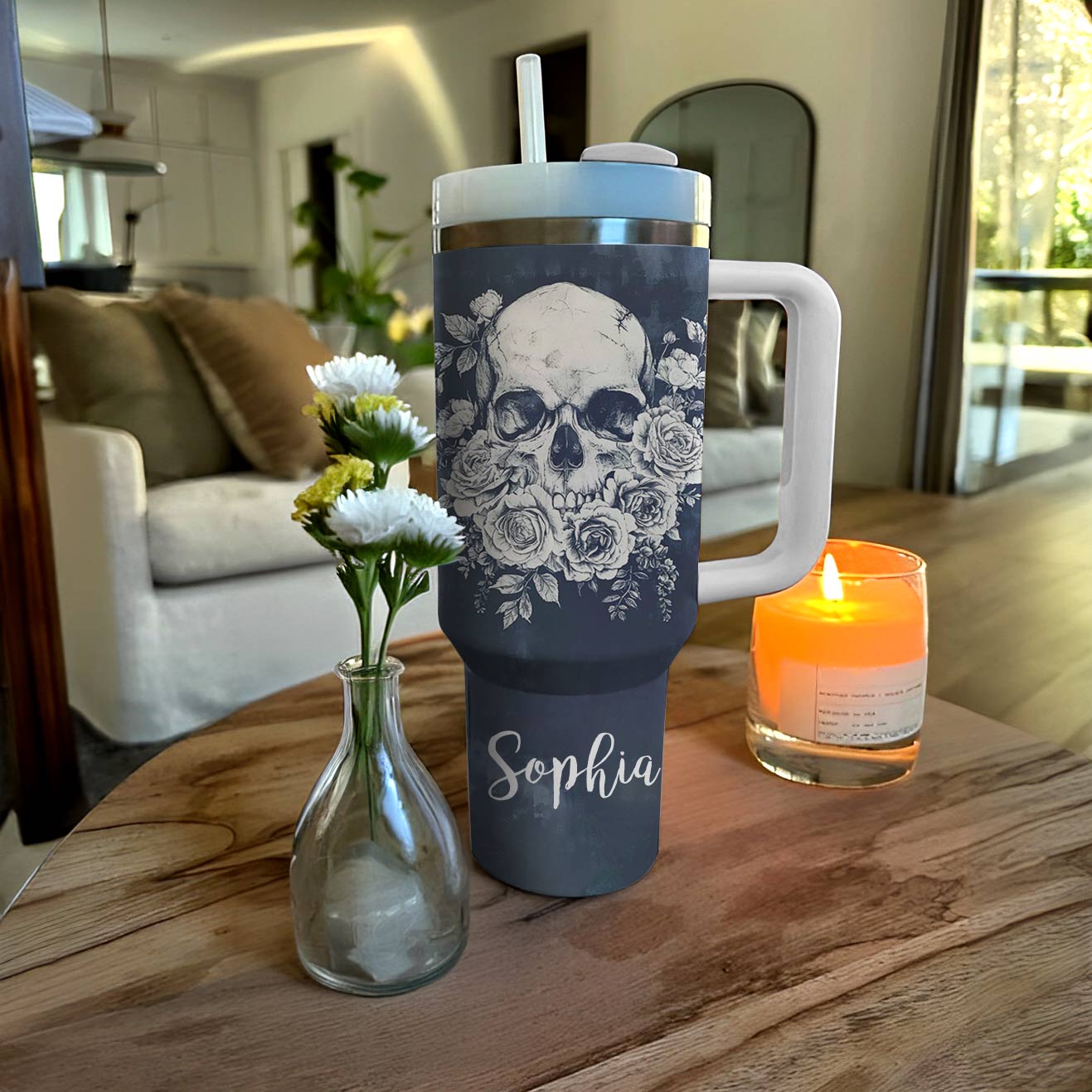 Lorva Personalized Skull Tumbler Classical Floral Skull