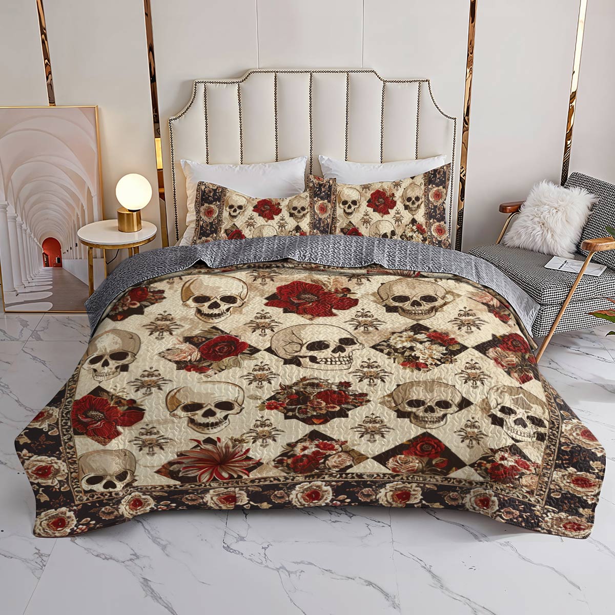 Lorva All Season Quilt 3-Piece Set Elegent Skull Roses