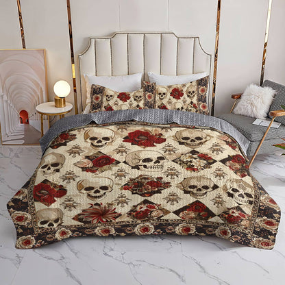 Lorva All Season Quilt 3-Piece Set Elegent Skull Roses