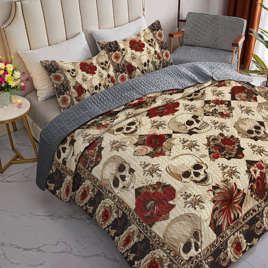 Lorva All Season Quilt 3-Piece Set Elegent Skull Roses
