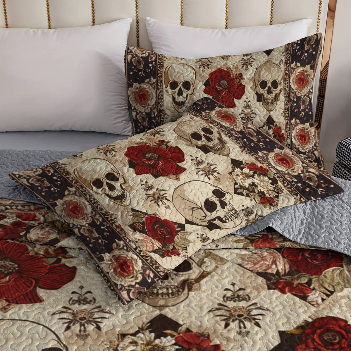 Lorva All Season Quilt 3-Piece Set Elegent Skull Roses