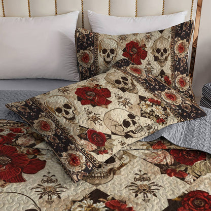 Lorva All Season Quilt 3-Piece Set Elegent Skull Roses